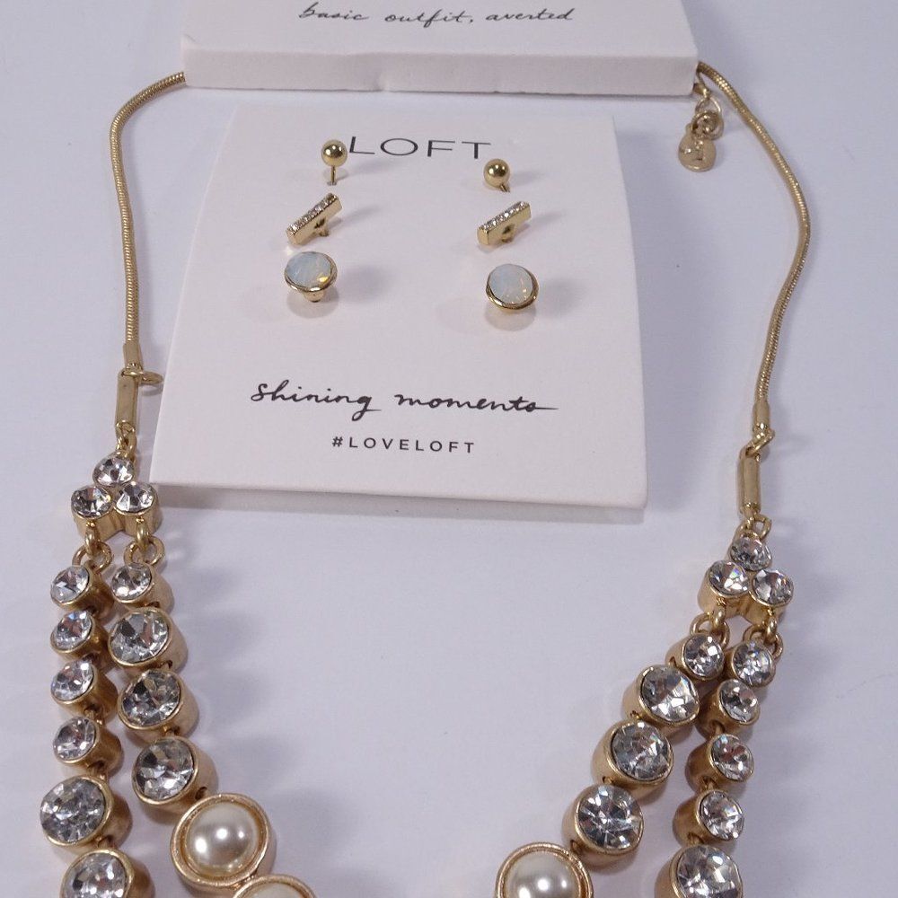 Ann Taylor Loft Moon Stone Crystal Pearl Necklace NWt 39.50 Opal Earring NWT 29